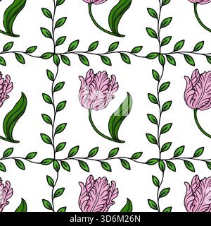 Nahtloses Vektormuster mit zarten rosa Tulpen und üppigem grünem Laub auf weißem Hintergrund. Stock Vektor