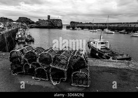 Hummertöpfe und Fischerboote im Hafen von Dunbar mit Ruine von Dunbar Castle in Schwarz-weiß Stockfoto
