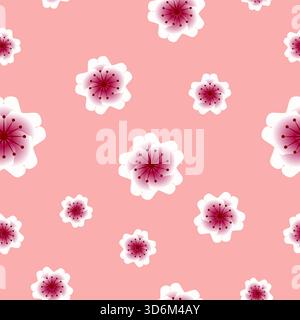 Nahtloses Kirschblütenmuster mit zartem rosa Hintergrund und zarten Blumenelementen. Elegantes Blumendesign, passend zu Frühlingsthemen. Vektor Stock Vektor