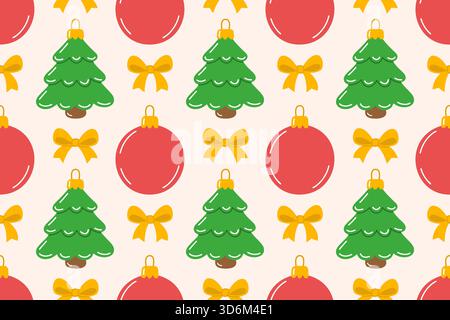 Nahtloses Muster mit Weihnachtsbäumen, roten Kugeln und gelben Schleifen im niedlichen flachen Stil. Perfekt für Weihnachtsverpackungspapier, festliche Hintergründe, Textilien und saisonale Dekorationsdesigns. Vektorabbildung Stock Vektor