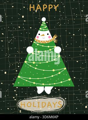 Lustige Weihnachtskarte mit einem niedlichen Schneemann als Baum, lustiges geometrisches Design für Kinder Stock Vektor