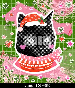 Lustige, niedliche Vektor-schwarze Katze mit Santa-Hut und hässlichen Weihnachtspullover auf grünem Hintergrund mit Sternen und Schneeflocken für Feiertagsdesigns, Broschüren, p Stock Vektor
