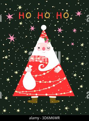 Lustige Weihnachtsvektorkarte mit Weihnachtsmann in Form eines Weihnachtsbaums mit Lichtern und Sternen für geheime Weihnachtsmanndesigns Stock Vektor