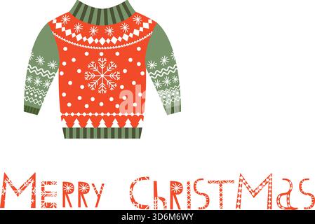 Niedliche Vektor Frohe Weihnachtskarte mit Pullover und dekorativem Text in roten und grünen Weihnachtsfarben Stock Vektor