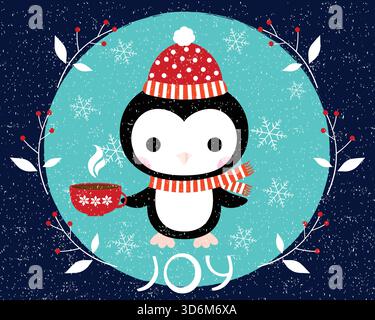 Niedliche Vektor-Grußkarte oder Poster mit Karikaturpinguin mit Schal und Hut, der eine Tasse Kaffee hält Stock Vektor