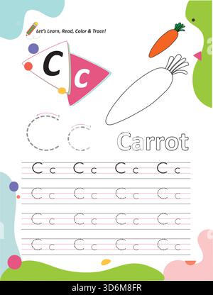 Lernblatt zum Lernen, Ausmalen und Schreiben mit Buchstabe C für Kinder Stock Vektor