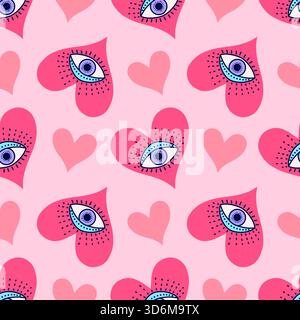 Nahtloses Muster rosafarbener Herzen mit mystischem blauem Auge. Psychedelischer, trendiger Vektor für Bekleidung, Schreibwaren oder Stoffdesign. Stock Vektor