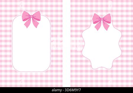 Zwei rosafarbene Gingham-Karten mit einem weißen Rahmen, der von zwei oberen Bögen akzentuiert wird. Großartige Vektorvorlage für Babyduschen und feminine Designs. Stock Vektor