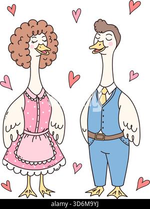 Niedliches Liebespaar mit Kritzelgänsen, gekleidet in Vintage-Kleidung, umgeben von rosa Herzen. Stock Vektor