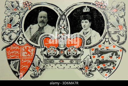 Krönungsporträts von König Eduard und Königin Alexander König Eduard VII. War Sohn von Königin Victoria. Er regierte von 1901 bis 1910. (Edwardianische Ära). Alexandra war in dieser Zeit von 1901 bis zu Eduards Tod 1910 Königin und behielt den Titel Königin, als Eduard starb, obwohl sie nicht mehr als Monarch regierte. Stockfoto