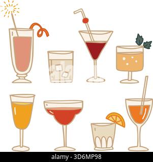 Niedliche handgezeichnete Illustrationen für Cocktails. Set von alkoholischen Getränken im Doodle-Stil. Wein, Spritz, Whiskey, Champagner. Isolierte lustige Vektorelemente Stock Vektor