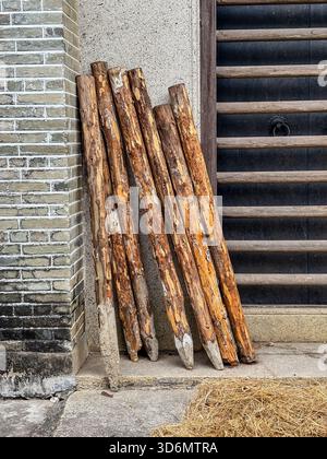 Holzpfosten mit spitzen Enden lehnen sich an eine rustikale Ziegelwand und Putzwand in der Nähe einer traditionellen Holztür. Erschossen in Zili Village, Kaiping, China. Stockfoto