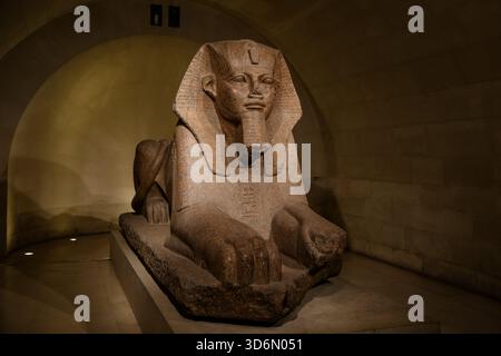 Die antike ägyptische große Sphinx von Tanis wird im Louvre in Paris ausgestellt, beleuchtet in der Steingalerie der Antikensammlung. Stockfoto