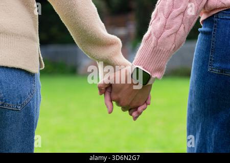 Verschiedene Partnerinnen halten Hände und stehen auf dem Rasen, tragen Pullover, Jeans und Smartwatch Stockfoto
