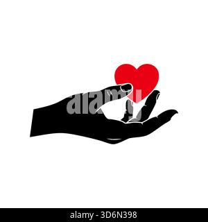 Schwarze Hand, die ein rotes Herzkonzept von Liebe und Fürsorge hält Stock Vektor
