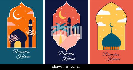 Satz von Vektorhorizontalen Ramadan Kareem-Grußkarten mit Moschee-Silhouetten. Plakatsammlung islamischer Feiertage Stock Vektor