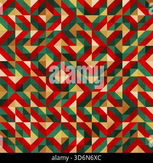 Festliches nahtloses Vektormuster mit geometrischen Linien in traditionellen Weihnachtsfarben Rot, Grün, Gold und weiß. Perfekt für Weihnachtsgeschenke, Stock Vektor
