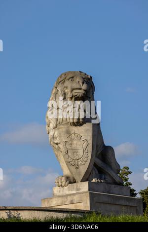 Lublin, Polen - 23. Mai 2022: Steinstatue des Löwen vor der Lublin Burg. Stockfoto