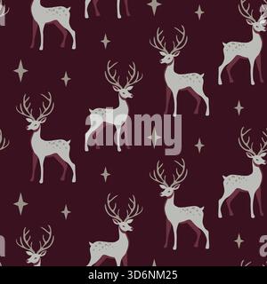 Nahtloses Vektormuster mit Rehkitz auf burgunderrotem Hintergrund. Hirschwald-Illustration für Textil-, Tapeten- oder Druckdesign. Elegantes Winterdesign Stock Vektor