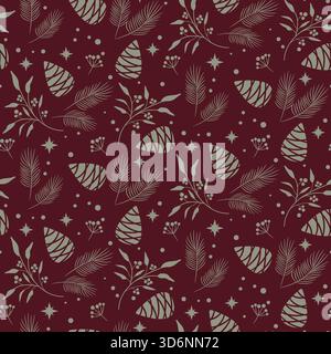 Kiefer Kegel dunkelrotes Muster, nahtlose Weihnachten Winter Holz Textur gekachelt Hintergrund Stock Vektor