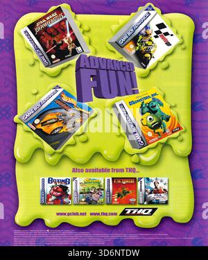 2002 von THQ veröffentlichte Videospiele für The Game Boy Advance: Star Wars: Jedi Power Battles, Wild Thornberrys: Chimp Chase, Hot Wheels: Turbo Racing und Monsters, Inc. Stockfoto