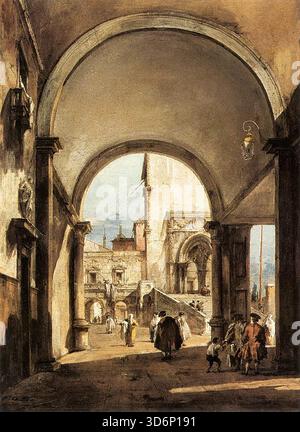 GUARDI, Francesco (* 1712, Venezia, d. 1793, Venezia) ein architektonisches Caprice vor 1777 Öl auf Leinwand, 54 x 36 cm National Gallery, London Francesco Guardi, obwohl fast ausschließlich für seine realen und imaginären venezianischen Szenen in Erinnerung geblieben, arbeitete mit seinem älteren Bruder Giovanni Antonio an Gemälden in vielen Genres: Altaraufzeichnungen, mythologische Narrative, Schlachtbilder und sogar Wandbilder. Ein neu entdeckter Altaraufsatz, der nach dem Tod seines Bruders um 1777 stammt, beweist, dass Francesco nach der Auflösung des Familienunternehmens weiterhin einige großformatige Bilder malte. Aber aus der Nähe Stockfoto