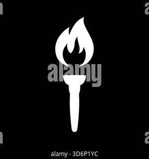 Weiße brennende Fackel Silhouette auf schwarzem Hintergrund. Minimalistisches flaches Vektor-Flammensymbol für Freiheit, Protest, Zeremonie und Siegeskonzepte Stock Vektor
