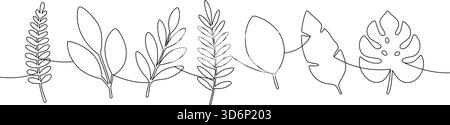 Minimalistische, durchgehende Linienkunst mit verschiedenen tropischen Blättern. Elegante botanische Konturzeichnung für modernes Naturdesign Stock Vektor
