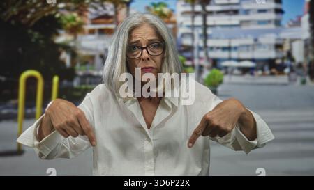Frau mit grauem Haar und Brille zeigt beide Zeigefinger auf ihre Brust auf einer Stadtstraße in der Nähe von Gebäuden; Sorge für Selbstschuld. Stockfoto