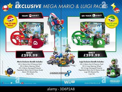 2014 Exclusive Mega Mario & Luigi Packs' für die Nintendo Wii U UK-Werbung. Das Mario-Paket enthält ein Wii U Mario Kart 8 Premium-Paket, ein rotes Wii U Mario Lenkrad, einen Taschenbuch-Mario Kart 8 Game Guide sowie eine Mario Wii Remote Plus und Mario hat. Stockfoto