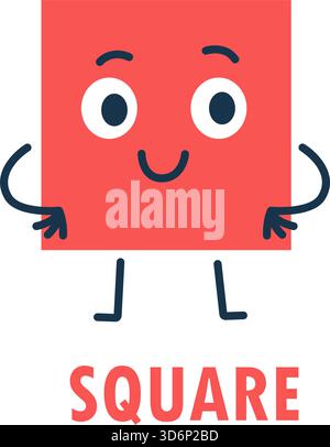 Rote quadratische Zeichentrickfigur mit lächelndem Gesicht, Armen und Beinen. Lustige geometrische Form Vektor-Illustration für Kinder Lernmaterialien Stock Vektor