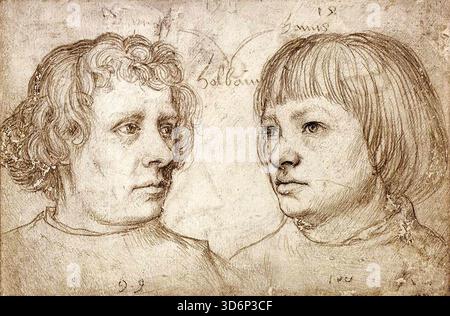HOLBEIN, Hans der ältere (* 1460/65, Augsburg, d. 1524, Isenheim) Ambrosius und Hans Holbein 1511 Silverpoint auf weiß gestrichenem Papier, 10,3 x 15,5 cm Kupferstichkabinett, staatliche Museen, Berlin „Prosy“ und „Hanns“, schrieb Holbein der ältere über die Köpfe seiner beiden Jugendlichen Söhne: Hans ist rechts, sein älterer Bruder Ambrosius links. Die handgeschriebenen Notizen machen diese Silberspitze zu einem der persönlichsten Dokumente einer Künstlerfamilie der Frühen Neuzeit. Das Blatt stammt wahrscheinlich aus einem Skizzenbuch, in dem verschiedene Porträts aufbewahrt wurden. Auch wenn keine Einstellung angezeigt wird Stockfoto
