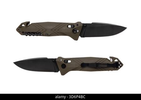 Ein offenes olivgrünes, taktisches Klappmesser, dargestellt von oben und unten, mit schwarzer Klinge und Clip. Stockfoto
