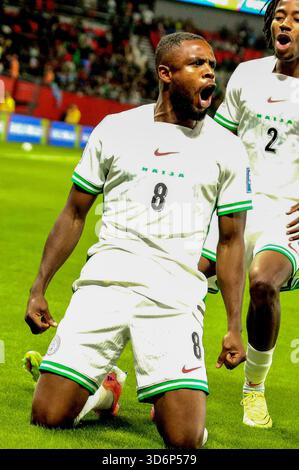 RABAT, MAROKKO - 16. NOVEMBER; Frank Onyeka aus Nigeria feiert in den Playoffs zur FIFA-Weltmeisterschaft 2026 zwischen Nigeria und Dr. Kongo in Prince M ein Tor Stockfoto