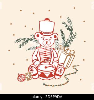 Teddybär Soldat mit Trommel, Geschenk und Tannenzweigen. Hand gezeichnete Linie Kunst Pastell Vektor Illustration für Weihnachten und Neujahr Karten. Außerdem Stock Vektor