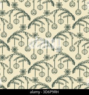 Weihnachtsbaumschmuck hängt an Tannenzweigen nahtloses Muster. Hand gezeichnete Pastelllinie Kunst Vektor Illustration für Neujahrskarten. Geeignet für Stock Vektor