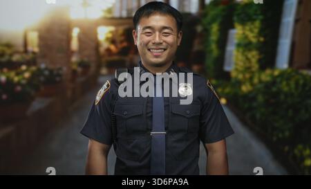 Polizist in dunkelblauer Uniform und lächelnd mit Abzeichen auf Uniform auf der Straße; Vertrauen Sie der Sicherheit. Stockfoto