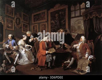 HOGARTH, William (* 1697, London, d. 1764, London) Heirat ? la Mode ca. 1743 Öl auf Leinwand, 70 x 91 cm National Gallery, London Dies ist Szene 1 der Sechserserie mit dem Titel The Marriage Settlement. Umstritten und streitlustig ist Hogarth einer der attraktivsten und innovativsten britischen Künstler. Er wurde in London geboren und studierte später Malerei an einer privaten Akademie, war aber frustriert in seinem Bestreben, englischer „Geschichtsmaler“ zu werden. Er beschuldigte dies an der Mode der alten Meister und der Konkurrenz der kontinentalen Zeitgenossen. Sein lautstarker Patriotismus, c Stockfoto