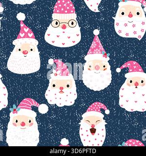 Niedliches und lustiges nahtloses Muster mit Hipster-Santa-Gesichtern auf dunklem Hintergrund für Weihnachten und Neujahr Stock Vektor