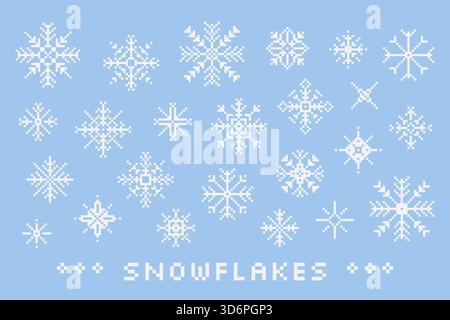 Weiße Pixel Art Schneeflocken. Isolierte Elemente. Stock Vektor