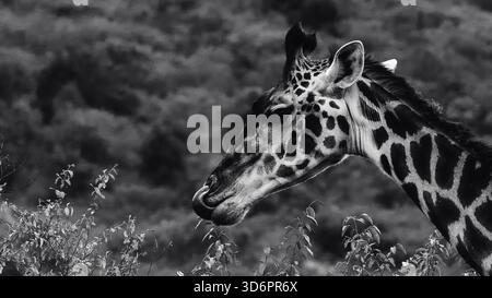 Beeindruckende Schwarzweiß- und Wildtierfotografie mit afrikanischen Giraffen in Kenia. Auf Safari durch die Savannen aufgenommen, zeigen diese schönen Kunstbilder Stockfoto