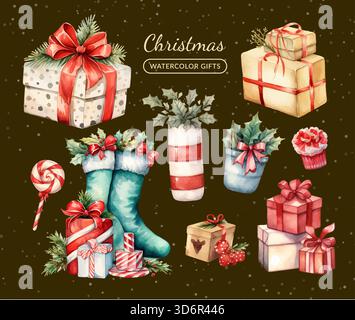 Erleben Sie die Schönheit der festlichen Weihnachtsgeschenke und -Dekorationen in Aquarellen in dieser Saison Stock Vektor