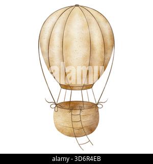 Heißluftballon im Vintage-Kinderstil, beige Pastellfarben. Handgezeichnete Aquarellillustration isoliert vom Hintergrund für Designs Geburtstag Stockfoto