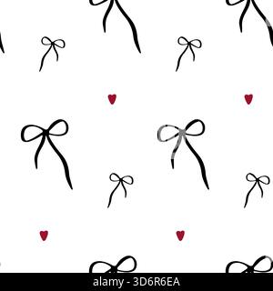 Winziges, nahtloses Muster mit schwarzer Schleife und kleinem rotem Herz. Stock Vektor