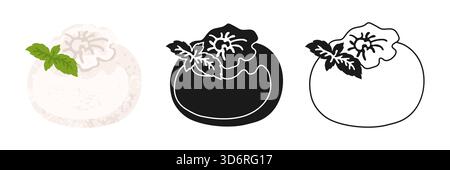 Mozzarella oder Burrata Cheese handgezeichnete Zeichentrickfigur. Burrata-Käse mit Knoten und frischem Basilikum-Blätter einfache stilisierte Symbole Set. Vektordesign für Milchprodukte, lineares Doodle-Symbol Stock Vektor