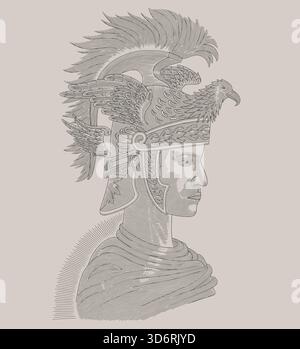 Römischer Kopf Krieger mit Ornament Design, Vintage Gravur Zeichnung Stil Vektor Illustration Stock Vektor