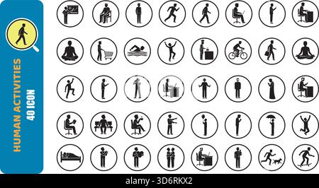 40 Symbole Für Die Menschliche Aktivität – Gehen, Laufen, Arbeiten, Yoga, Meditation, Sport, Tägliche Aktionen, Business, Lifestyle, Fitness, Kommunikation Stock Vektor