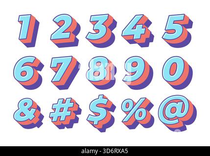 Verspielter dreidimensionaler Stil mit leuchtenden blauen Zahlen und Symbolen mit leuchtenden Schatten Stock Vektor