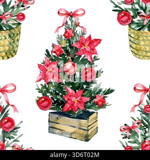 Nahtloses Weihnachtsmuster mit Minibäumen in Aquarellen, roten Weihnachtsdekorationen, Ornamenten und festlichen Bögen. Ideal für Geschenkpapier und Textildrucke im Urlaub Stockfoto