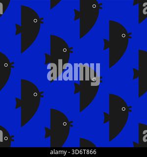 Nahtloses Muster von stilisierten Fischen auf blauem Hintergrund. Abstraktes, geometrisches Vektordesign für nautische, Ozean-, Fischerei- oder Meereslebethemen. Stock Vektor